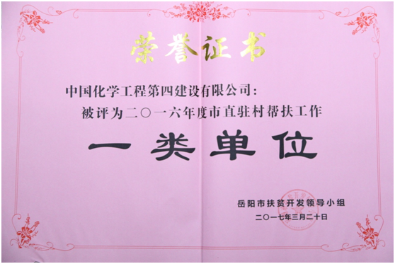 公司獲評(píng)2016年度岳陽市駐村幫扶工作一類單位